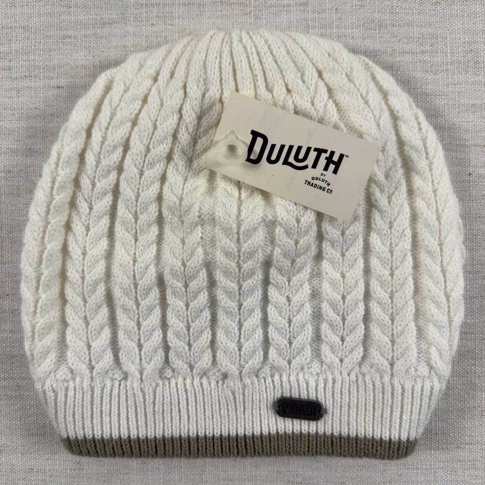 Duluth Trading Co Women's Cable Knit Beanie‎ White with Brown Trim